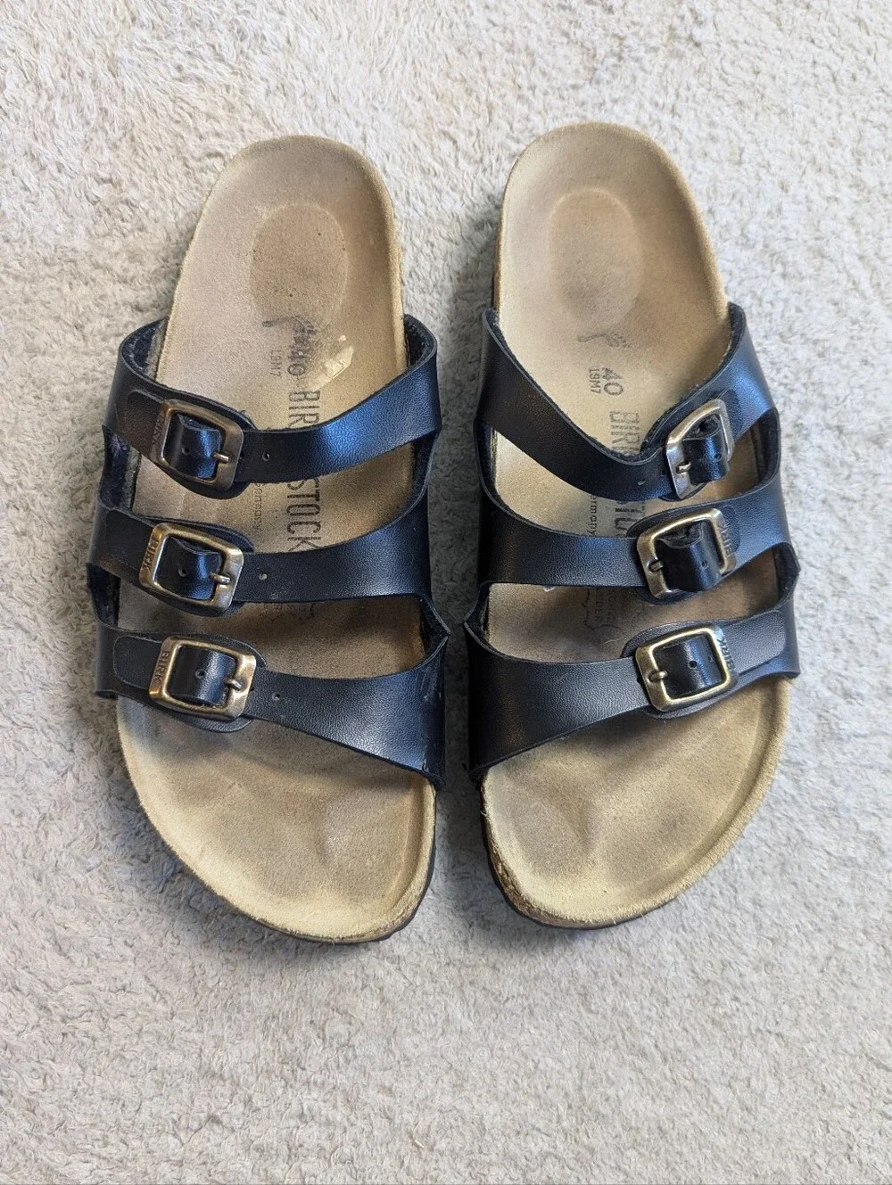 Birkenstock Size 40 Black Florida 3-Strap Leather Slide On Sandals